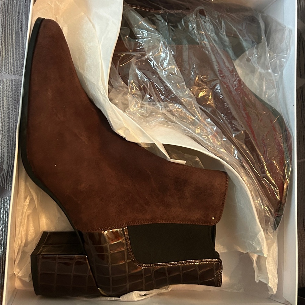 Brown Suede Ankle Boots with Croc-Embossed Heel